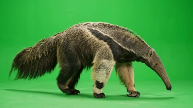 Giant Anteater Walking Toward Camera then Turning Across Frame on Bright Green Screen Background