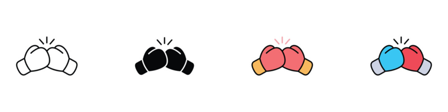 Boxing glove icon set vector illustration. Pair of clashing boxing gloves in line art, silhouette, and colored flat styles isolated on white background for sports and combat design.