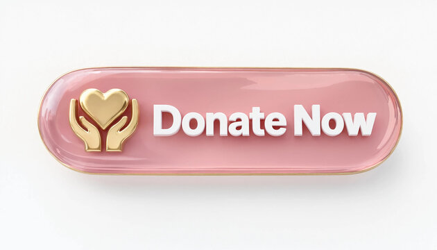 Donate now button with golden hands holding heart on pink glossy background charity concept