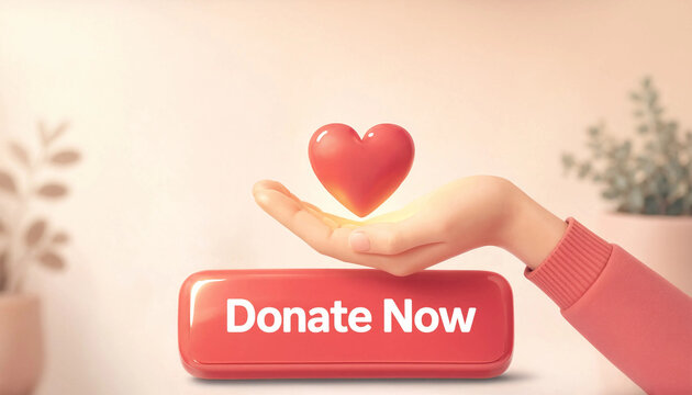 Hand pointing to donate now button with golden heart and hands symbol on green background representing charity and giving concept
