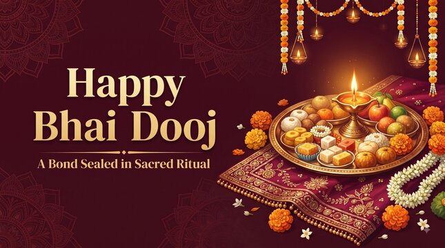 Happy bhai dooj celebration with traditional diwali diya lamp and sweets on decorative tray