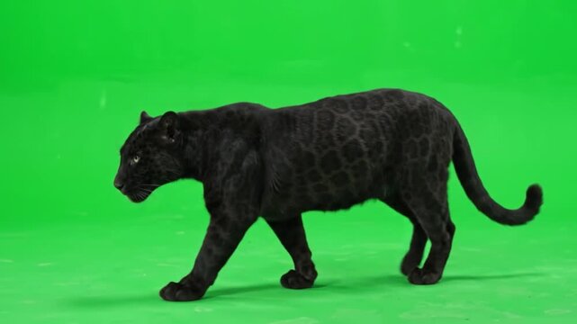 Young Black Panther Trotting Diagonally and Looking Toward Camera on Green Screen Background