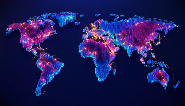 Global connectivity concept with glowing world map and illuminated network nodes on dark background