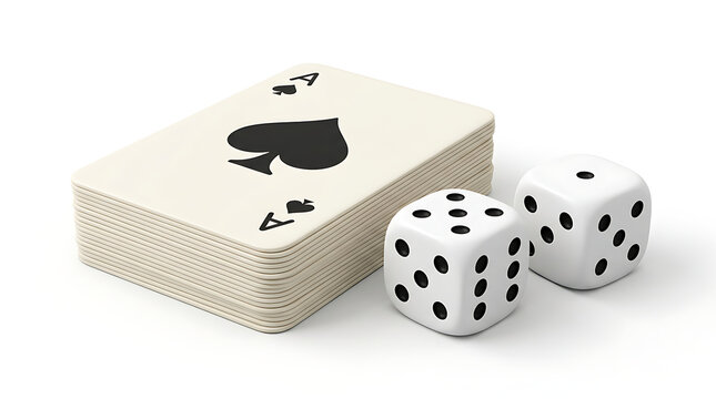 A stack of playing cards with an Ace of Spades and two white dice on a clean background, representing games and chance.
