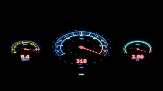 Futuristic Glowing Digital Car Dashboard HUD &ndash; Speedometer, Tachometer & Boost Gauge Animation