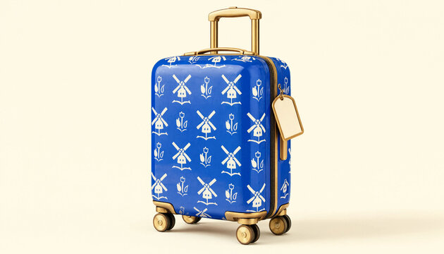 Blue suitcase with windmill and tulip pattern for travel concept on neutral background