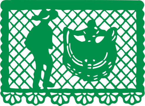 Green papel picado cutout banner featuring a Mexican traditional dancing couple silhouette against a white background.