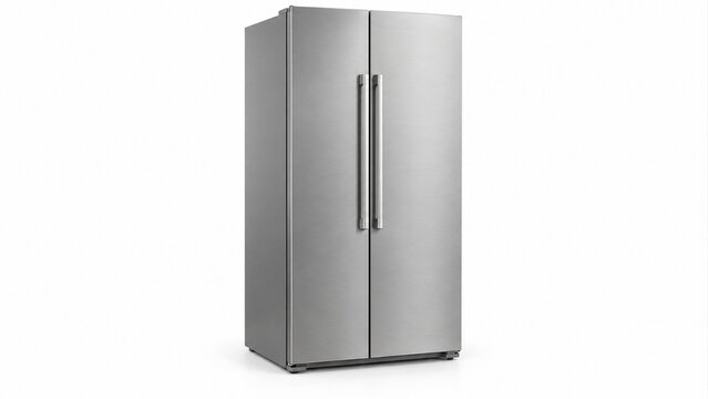 Stainless steel side by side refrigerator with vertical handles on a white background