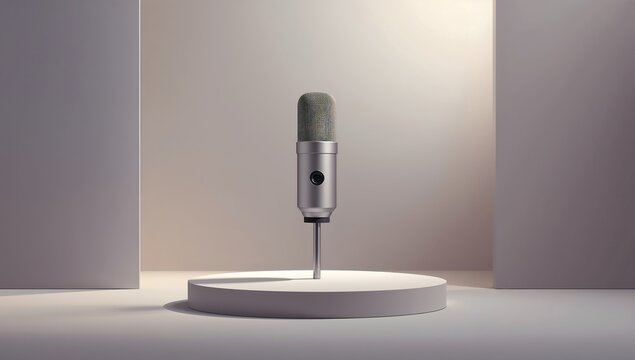 Generative AI a vintage microphone displayed on a white circular platform in a minimalistic setting