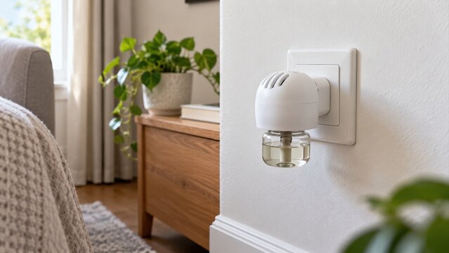 White electric air freshener with glass refill plugged into wall beside cabinet and houseplants