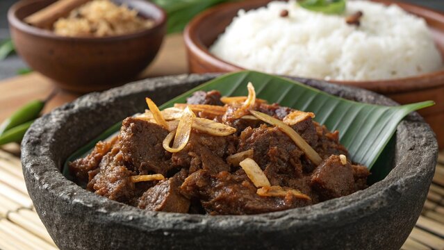 Photorealistic macro Indonesian beef rendang showing fibrous meat glossy coconut spice coating toasted flakes and fried shallots