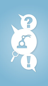 FAQ graphic featuring a robotic arm, a question mark, and an exclamation mark in speech bubbles, representing industrial automation questions and answers