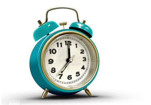 Alarm clock with twin bell showing seven O'clock isolated on transparent background.