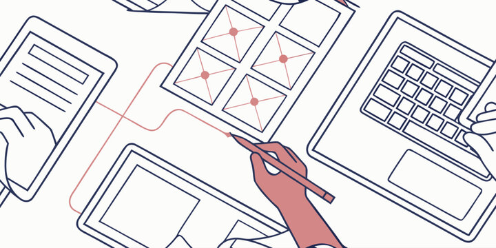 Hands working on digital wireframes and app designs on tablets and laptop with app design UI design UX design user interface user experience design process remote work project management