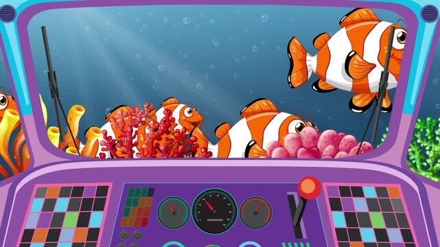 Cartoon Clownfish Swimming Underwater Seen Through Submarine Dashboard Window