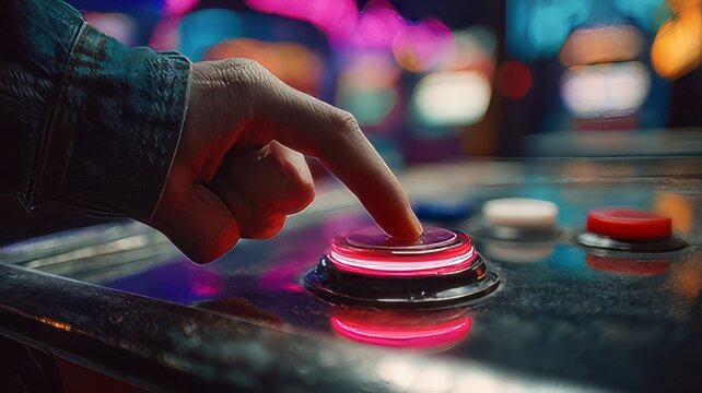 Closeup of a hand pressing a glowing red arcade game button on a dark control panel.