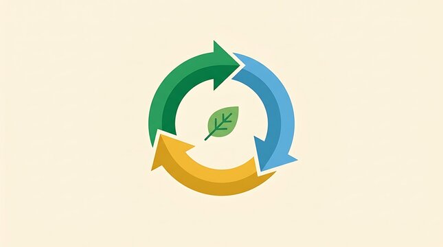 Circular Economy Concept Featuring Multicolor Arrows Forming a Recycling Symbol with a Central Green Leaf Icon for Environmental Sustainability