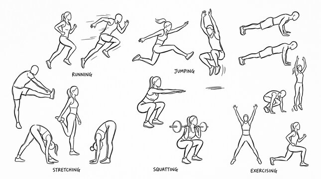 Set of line art illustrations showing people performing various fitness exercises and sports activities.