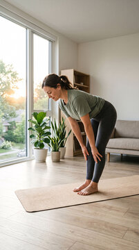 Peaceful indoor yoga practice with woman on exercise mat near large window promoting healthy lifestyle relaxation and mobility training concept