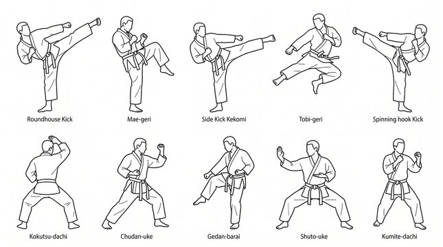 Set of ten karate martial arts techniques and stances illustrated in line art style.