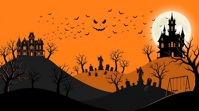 Halloween background with haunted houses, a graveyard, tombstones, a swing set, flying bats, and a large scary face in the sky