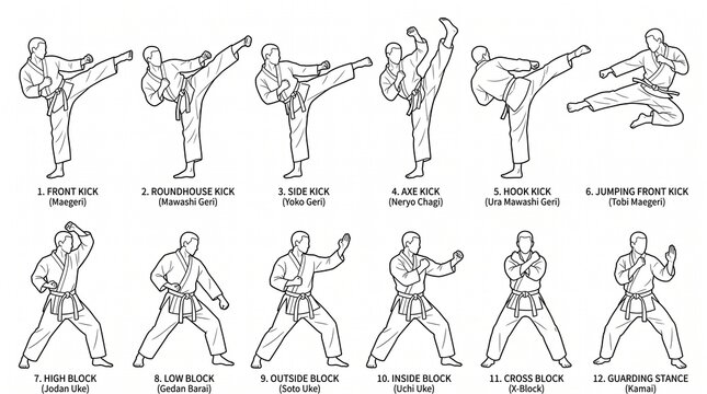 Instructional chart showing various karate martial arts kicking techniques and defensive blocking stances.