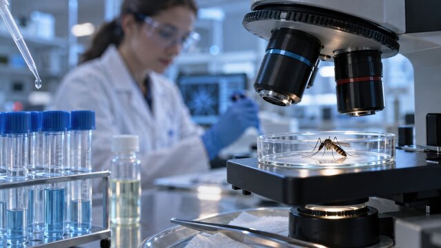 scientist in a lab studies a mosquito under a microscope, using pipettes and wearing protective goggles and gloves.