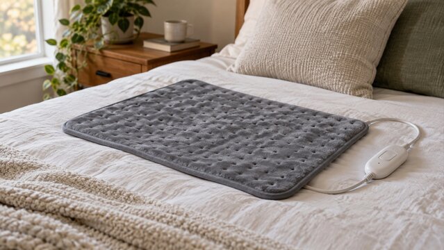 Gray electric heating pad with wired controller on white bedding in a cozy bedroom
