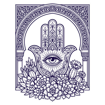 Ornate hamsa hand vector illustration with succulent plants and geometric arch frame in vintage style