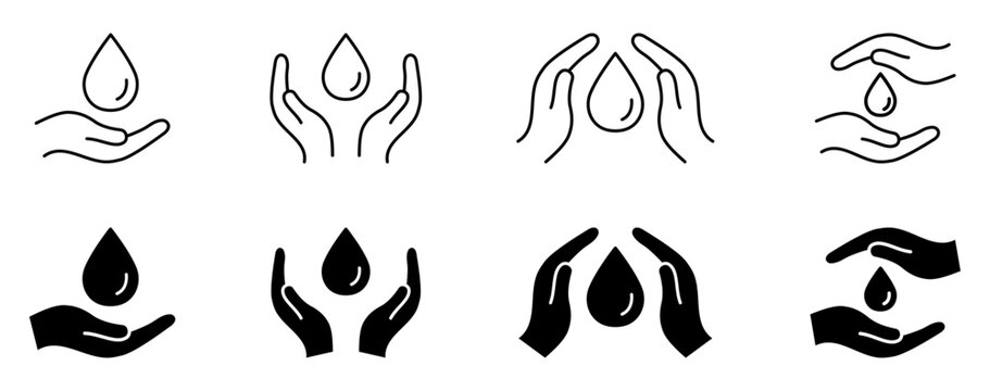 Water conservation hand and droplet icon set, used for environmental, sustainability, and water saving projects.