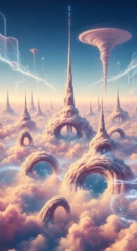 Celestial Cityscape: Ethereal Towers Emerge from Dreamy Clouds