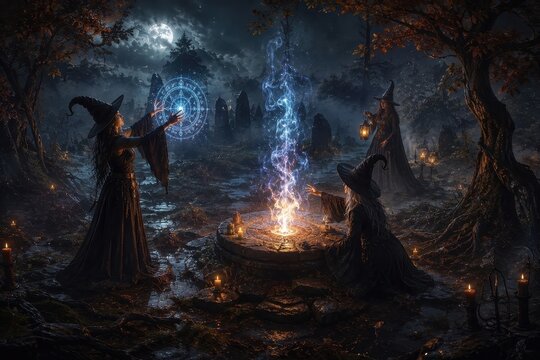 Witches summon blue magic within an enchanted moonlit forest