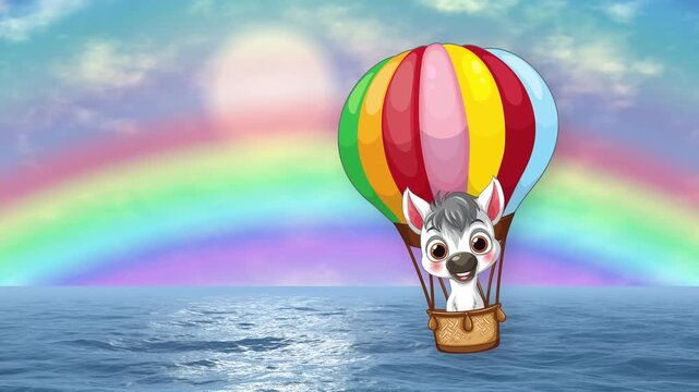 Cartoon Husky Character Flying in Hot Air Balloon Over Ocean Rainbow