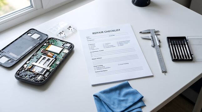 Disassembled smartphone and repair checklist on a technician desk