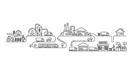 Obraz premium Supply Chain and Logistics Network from Farm to Consumer in Outline Style on Transparent Background