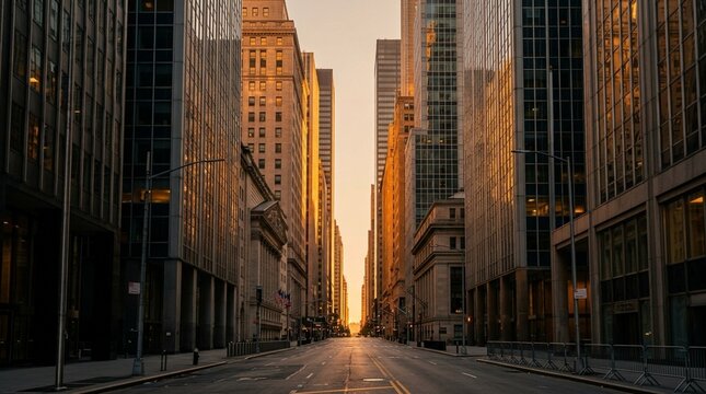 New York City Street at Sunrise, Golden Hour, Skyscrapers, Urban Landscape