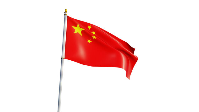 Chinese National Flag Waving on Flagpole on Transparent Background PNG