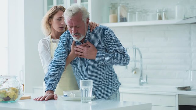 Woman assists man with medical emergency at home.