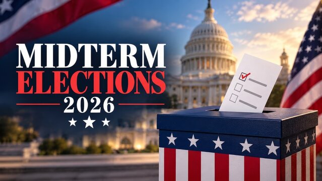 Sunset Midterm Elections 2026 Banner with Ballot Box, American Flag and US Capitol