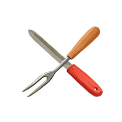 Fototapeta premium Crossed Carving Knife and Fork Kitchen Utensils Vector Watercolor Illustration.