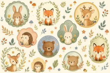 Fototapeta premium Woodland animal nursery clipart collection with watercolor foliage