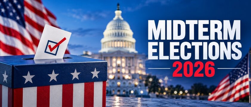 Patriotic Midterm Elections 2026 Banner with Ballot Box, American Flag and US Capitol