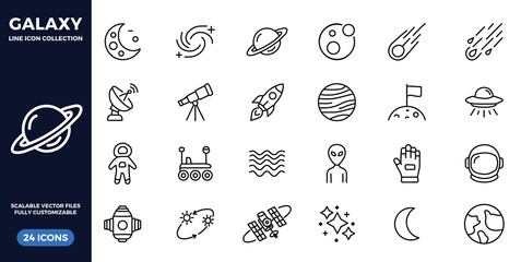 Space, Cosmos Line Icon Set. Planetary Body, Earth, Moon, Sun, Milky Way, Rocket Spaceman, Alien Minimal Vector Illustrations. Simple Line Signs for Astronomy Study. Black Color Editable Stroke © SyedDesigner