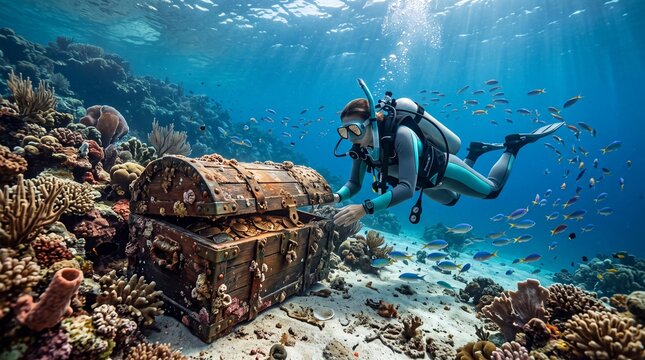Female scuba diver opening an old wooden treasure chest filled with gold coins on a vibrant coral reef in clear blue ocean water with tropical fish.