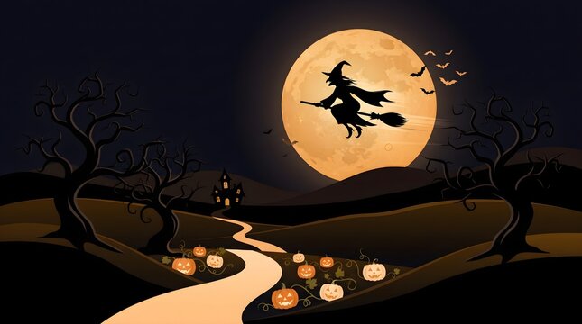 A silhouetted witch riding a broomstick flies against a full moon in a halloween scene autumnal