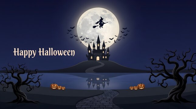 A silhouetted witch flies past a full moon over a haunted castle in a dark atmospheric scene