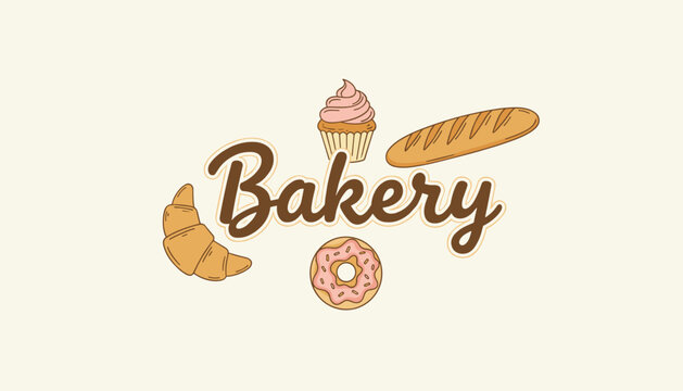 Charming bakery logo concept with hand drawn illustrations of a croissant, cupcake, baguette, and strawberry donut.