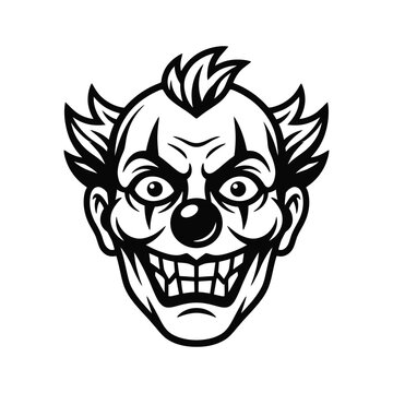 Scary Clown Face Illustration Black and White.