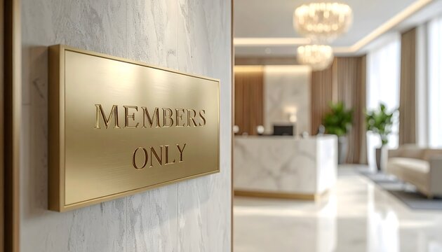 Cartel dorado Members Only en la entrada de un interior exclusivo