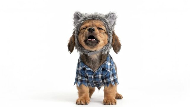 Small dachshund puppy wearing a fuzzy wolf hat and blue plaid shirt howling playfully during a fun indoor photography session on white background